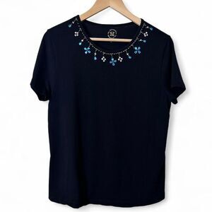 Metropolitan Museum of Art Black Cotton T-shirt with blue floral beaded detail
